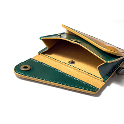 手染めレザー ベージュxディープグリーン コンパクトウォレット 財布  ミニ財布 コインケース 4枚目の画像