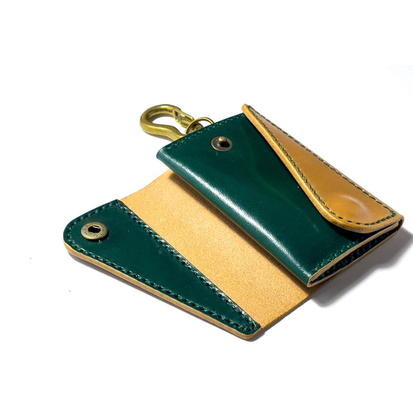 手染めレザー ベージュxディープグリーン コンパクトウォレット 財布  ミニ財布 コインケース 6枚目の画像