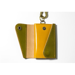 手染めレザー 山葵色x黄茶色 コンパクトウォレット 財布  ミニ財布 コインケース 5枚目の画像