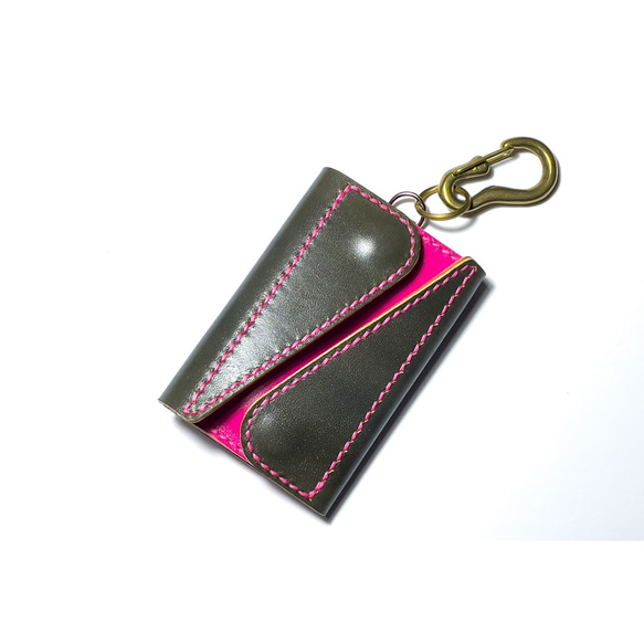 手染めレザー 鼠色（グレー）x牡丹色 コンパクトウォレット 財布  ミニ財布  コインケース 1枚目の画像