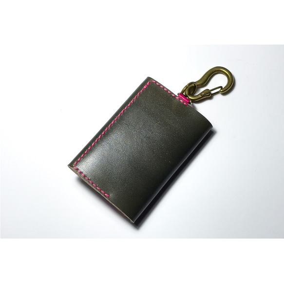 手染めレザー 鼠色（グレー）x牡丹色 コンパクトウォレット 財布  ミニ財布  コインケース 2枚目の画像