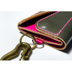 手染めレザー 鼠色（グレー）x牡丹色 コンパクトウォレット 財布  ミニ財布  コインケース 3枚目の画像