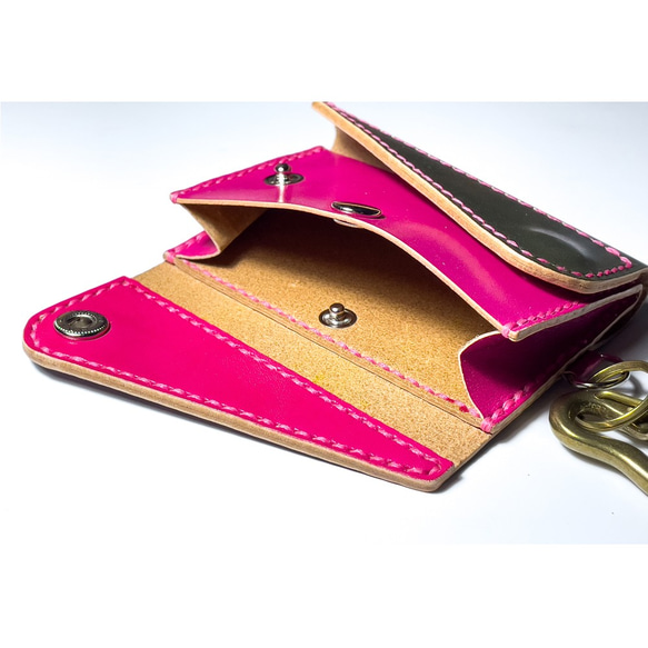 手染めレザー 鼠色（グレー）x牡丹色 コンパクトウォレット 財布  ミニ財布  コインケース 6枚目の画像