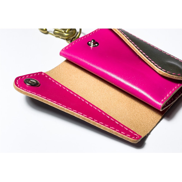手染めレザー 鼠色（グレー）x牡丹色 コンパクトウォレット 財布  ミニ財布  コインケース 8枚目の画像