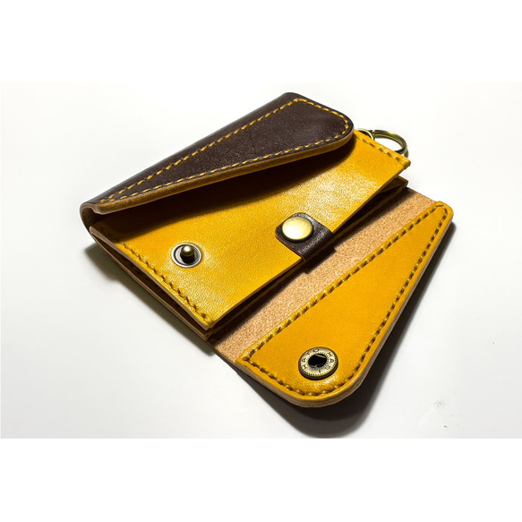 手染めレザー濃茶x黄茶 コンパクトウォレット 財布  ミニ財布 パスケース コインケース 2枚目の画像