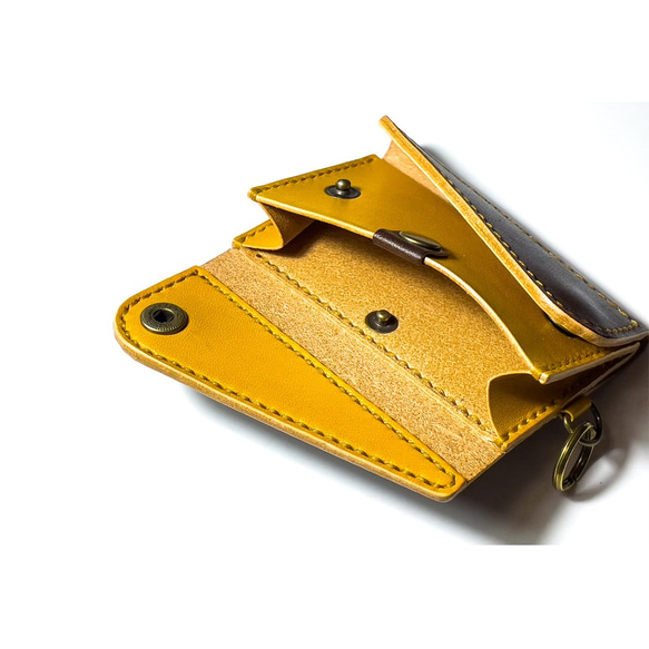 手染めレザー濃茶x黄茶 コンパクトウォレット 財布  ミニ財布 パスケース コインケース 3枚目の画像