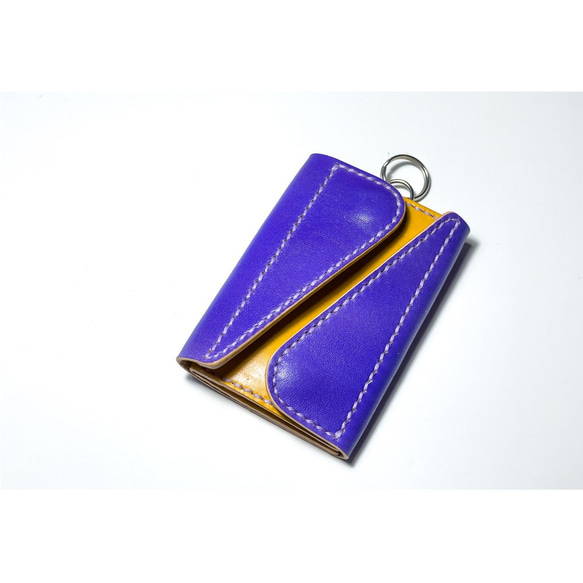手染めレザー紫x黄茶 コンパクトウォレット 財布  ミニ財布 パスケース コインケース 1枚目の画像
