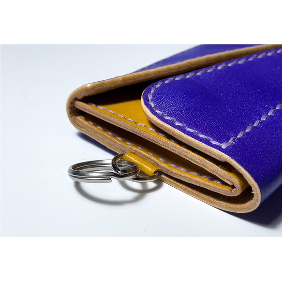 手染めレザー紫x黄茶 コンパクトウォレット 財布  ミニ財布 パスケース コインケース 2枚目の画像