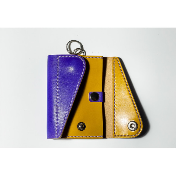 手染めレザー紫x黄茶 コンパクトウォレット 財布  ミニ財布 パスケース コインケース 4枚目の画像