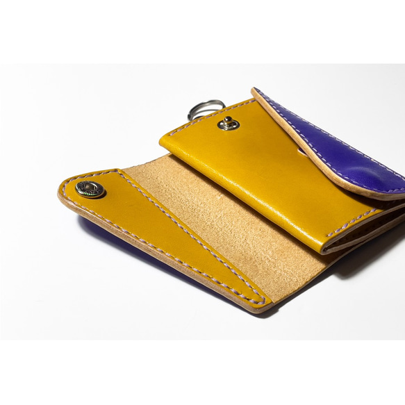 手染めレザー紫x黄茶 コンパクトウォレット 財布  ミニ財布 パスケース コインケース 7枚目の画像