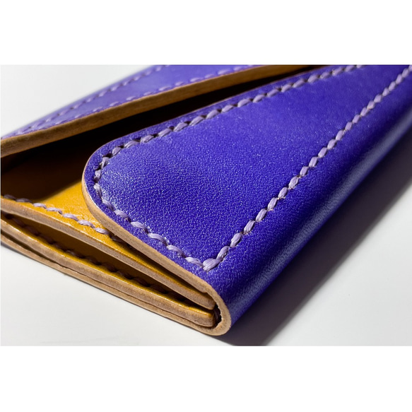 手染めレザー紫x黄茶 コンパクトウォレット 財布  ミニ財布 パスケース コインケース 8枚目の画像