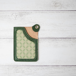 「受注製作」 岡山畳縁ｘレザー 畳縁 華紋 グリーン パスケース カードケース 定期入れ 1枚目の画像