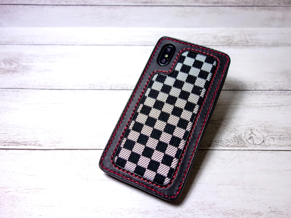 「受注製作」 岡山畳縁を使用した iphone用 レザーケース 市松 畳縁 黒x銀 各種iphoneに対応