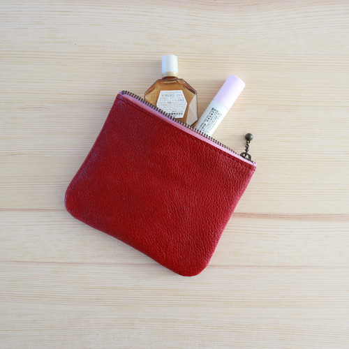 本革シンプルポーチ＊Sサイズ＊ピッグレザー赤 ポーチ ハルコ雑貨店