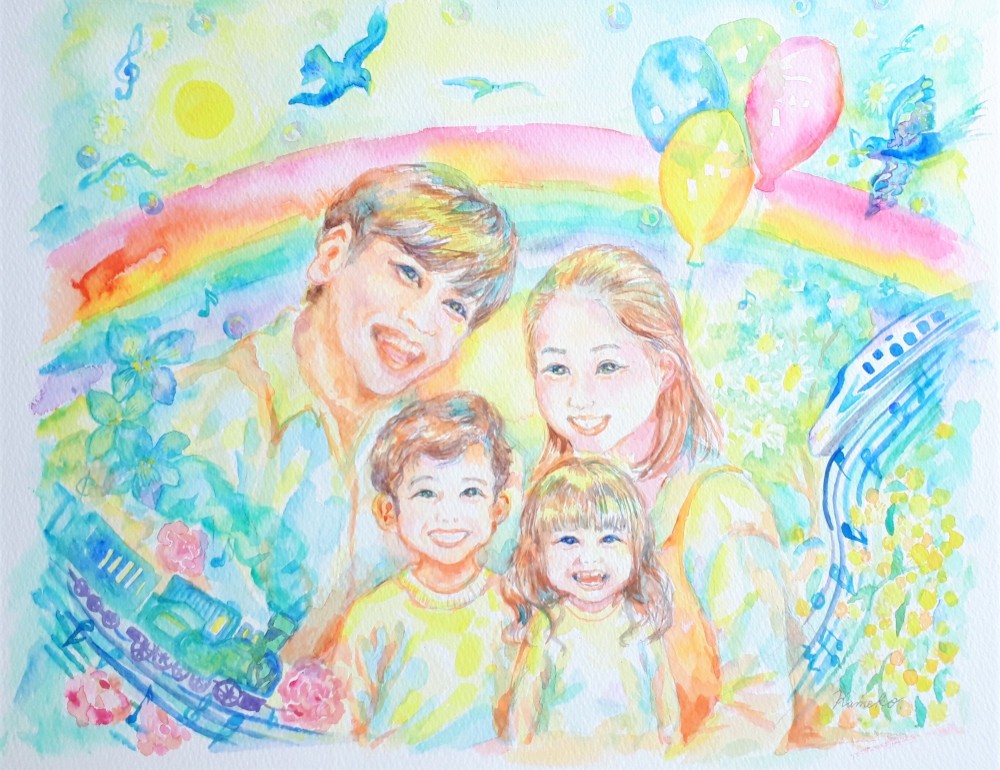 笑顔かがやく家族の絵　縁起の良い　似顔絵　ファミリー