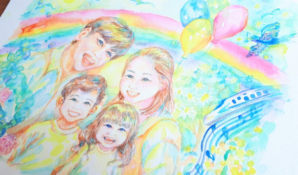 笑顔かがやく家族の絵　縁起の良い　似顔絵　ファミリー 