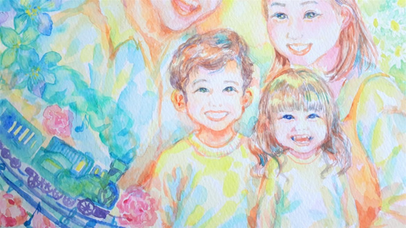 笑顔かがやく家族の絵　縁起の良い　似顔絵　ファミリー 