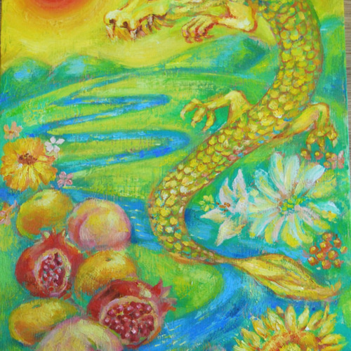 絵画　「赤い実」 F4 風水絵画☆受注制作☆さんかんの実・龍・赤い玉・日本の風景