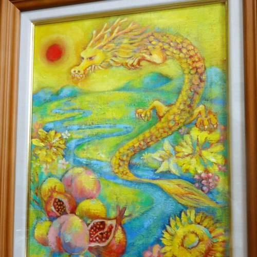 F4 風水絵画☆受注制作☆さんかんの実・龍・赤い玉・日本の風景 F4 風水絵画☆受注制作☆さんかんの実・龍・赤い玉・日本の風景