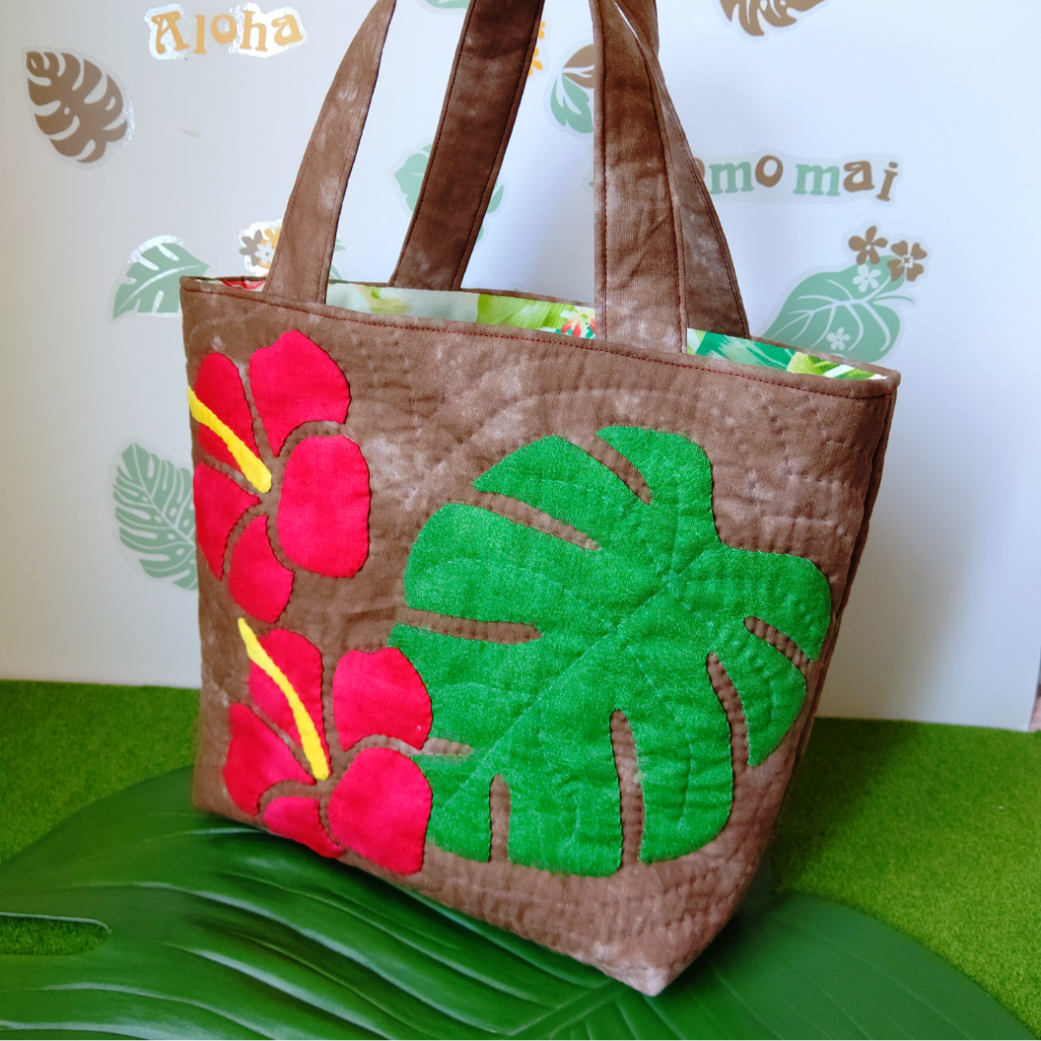 【ハワイアンキルト】ハイビスカスとモンステラのトートバッグB