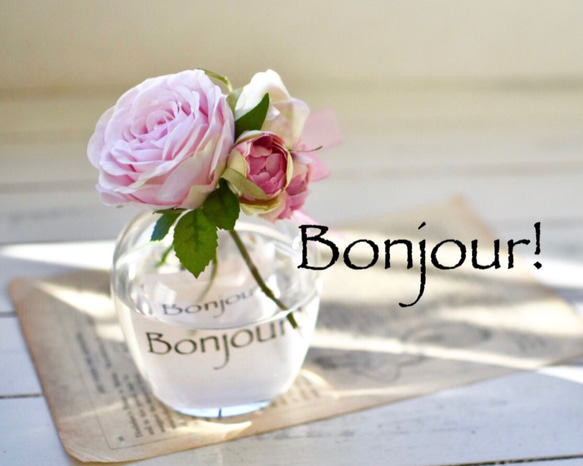 水のいらないフラワーインテリア/花のボトルメッセージ「Bonjour!」Soht Pink 1枚目の画像