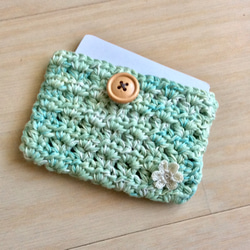 コットンのレジ袋ポーチ カードケース カードポーチなど 手編み グリーン 2枚目の画像