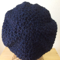 再販＊キッドモヘアのベレー帽 ブルー×ブラック 手編み 2枚目の画像