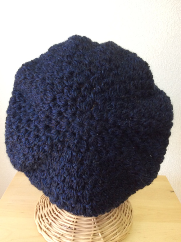 再販＊キッドモヘアのベレー帽 ブルー×ブラック 手編み 2枚目の画像