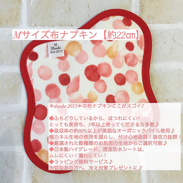 オーガニック布ナプキン Mサイズ22㎝　〜昼用〜  雫×RED 1枚目の画像