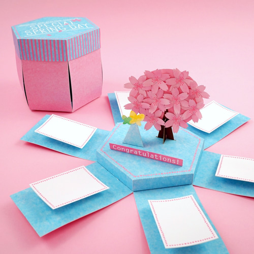 桜咲く寄せ書きBOX（空色）｜最大6名｜春のメッセージカード