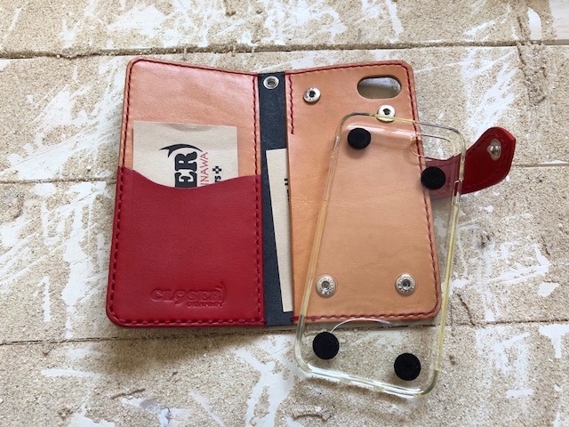 iPhone＆android　スマホケース　手帳型　ブラック×レッド　知花織　赤　（織物シリーズ）