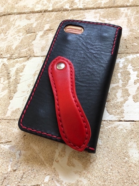 iPhone＆android　スマホケース　手帳型　ブラック×レッド　知花織　赤　（織物シリーズ）