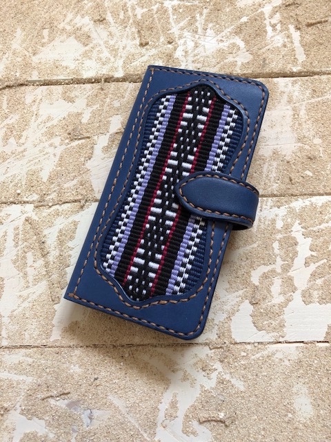 iPhone＆android　スマホケース　手帳型　ネイビー×キャメル　伊波メンサー織（織物シリーズ）