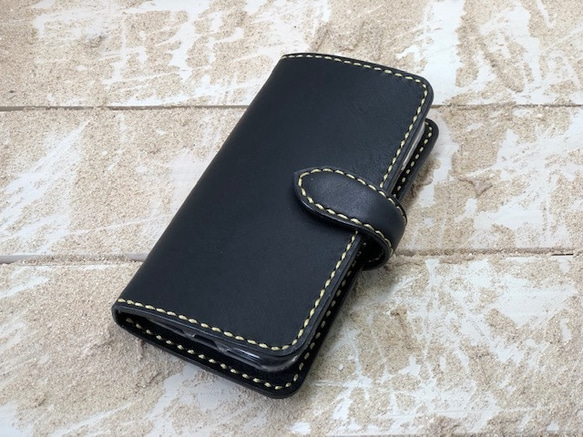 インスタネット　クレモア糸用レザーケース　KAGURA iPhone & android 手帳型 レザーケース ブラック×ブラック 糸