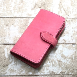 iPhone & android 手帳型　レザーケース　サクラピンク×サクラピンク　糸　ピンク 1枚目の画像