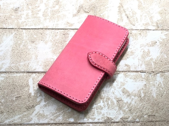 iPhone & android 手帳型　レザーケース　サクラピンク×サクラピンク　糸　ピンク 1枚目の画像