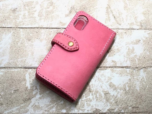 iPhone & android 手帳型　レザーケース　サクラピンク×サクラピンク　糸　ピンク 2枚目の画像