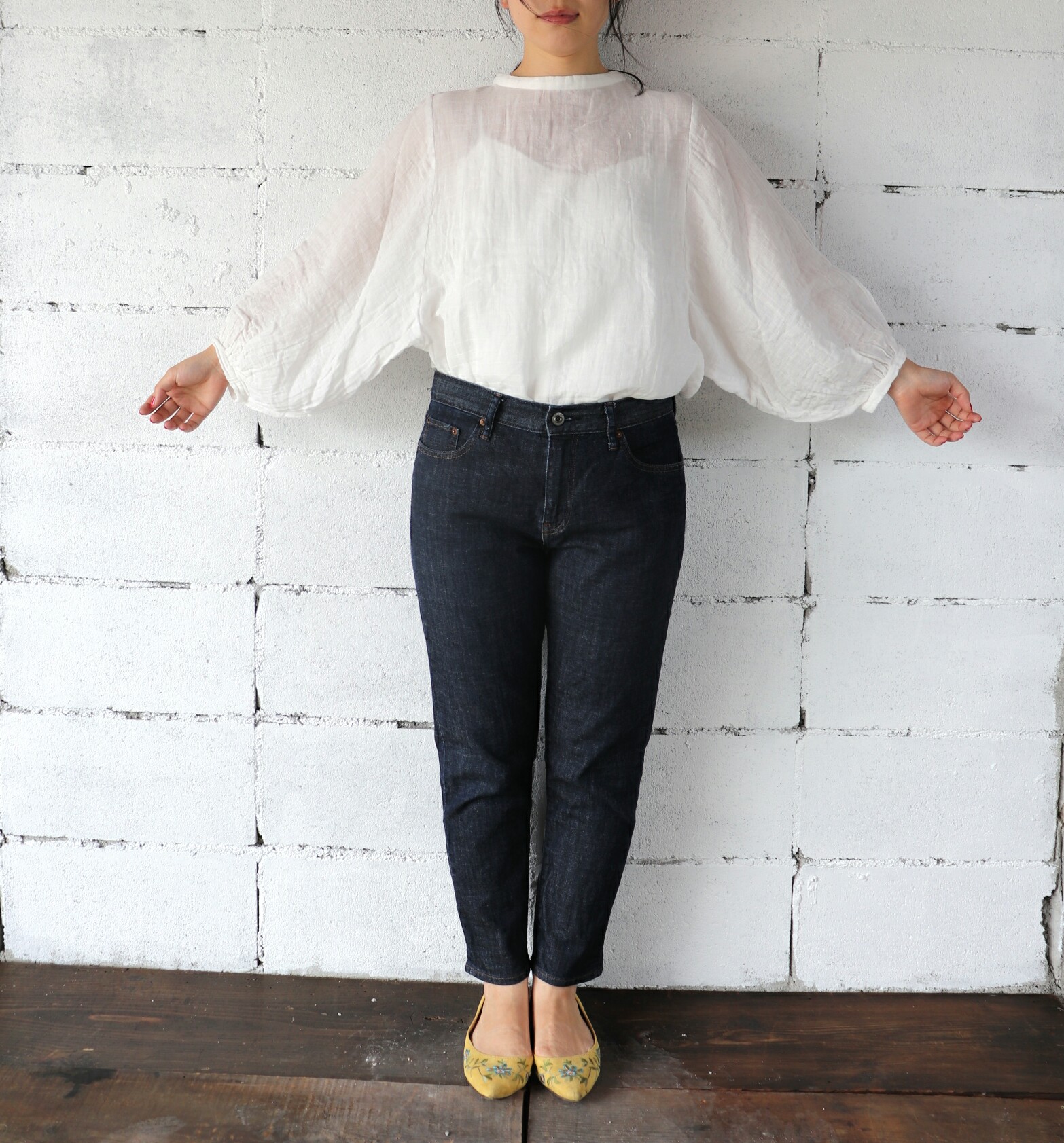 オーガニックコットンシースルーWガーゼ・ビッグスリーブスタンドカラーシャツ