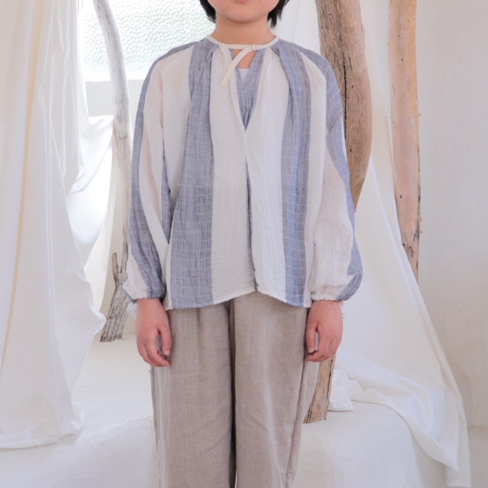 オーガニックコットンのキッズサイズチョーカーブラウス・太ストライプ