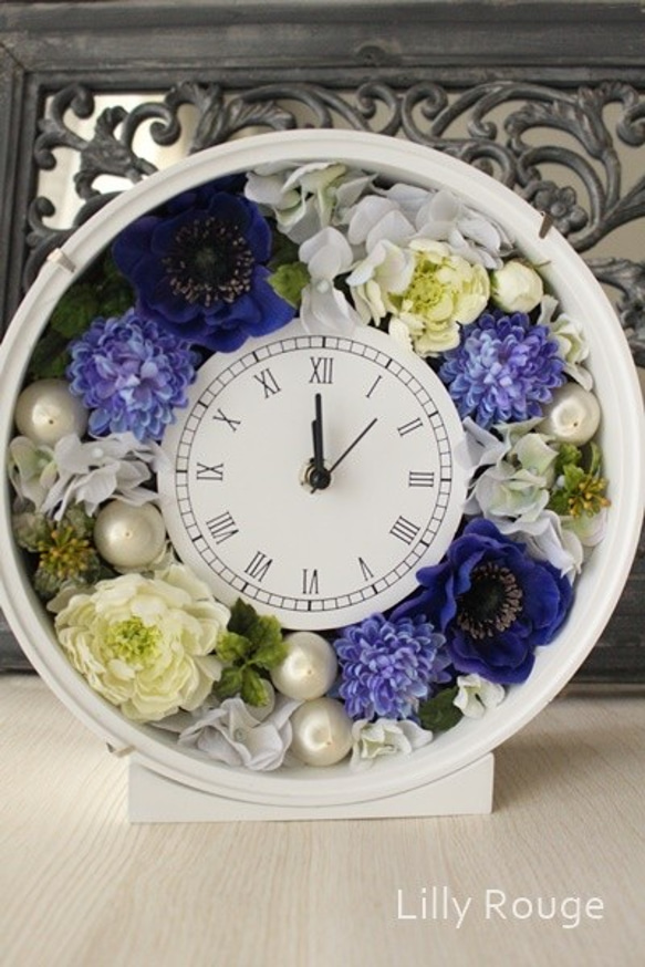 【 送料無料】花時計～ブルー✖ホワイト～記念日、新築祝い、贈り物に人気 2枚目の画像