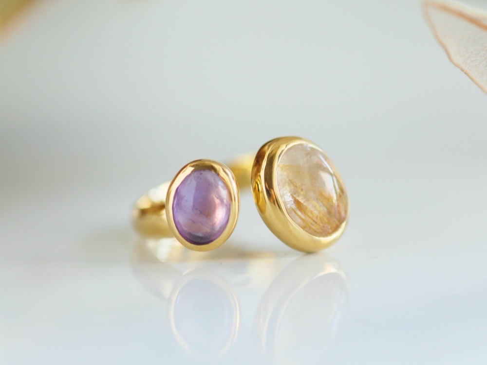 大人色 ルチルクォーツ＆アメシスト　ダブルストーンリング 【受注製作】