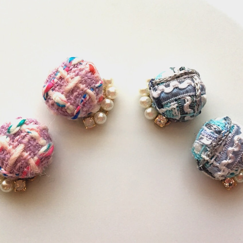 ✧K18GP✧CHANELツイード✧カーブパールピアス/イヤリング(パステル