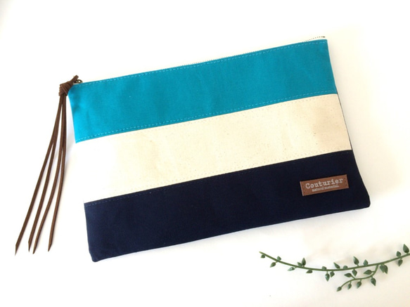 [訂購產品] 3色邊框手拿包&lt;Navy＆Turquoise&gt; 第2張的照片