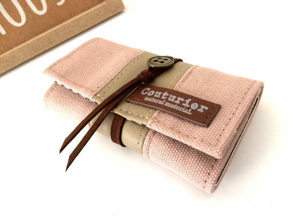 [定做]復古帆布和人造皮革鑰匙包&lt;粉紅色和奶茶&gt; 第4張的照片