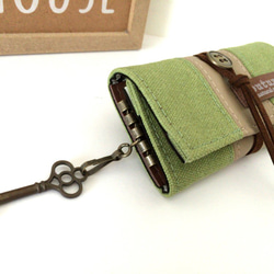[定做]復古帆布和人造皮革鑰匙包&lt;綠色和奶茶&gt; 第3張的照片