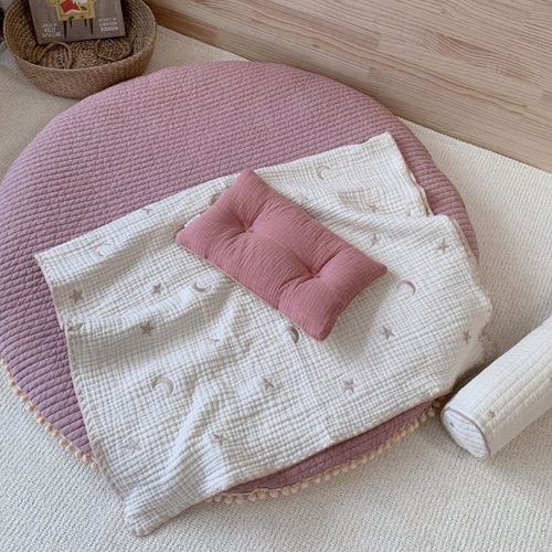 星と月の大きめ刺繍の4重ガーゼケットSサイズ（ベージュ刺繍） 雑貨