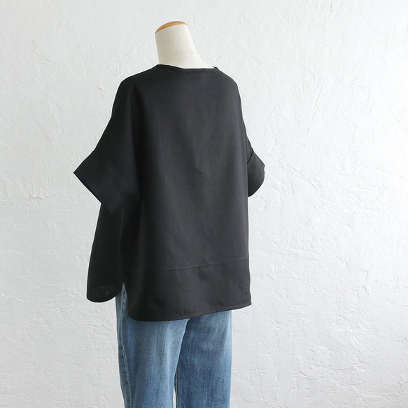 『リネン ドロップショルダー プルオーバー』 夏のゆったりTシャツ （ブラック） 4枚目の画像