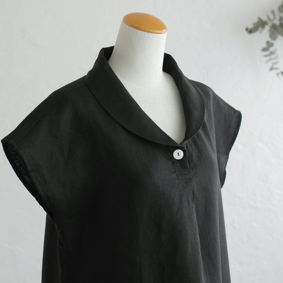 亞麻披肩領連衣裙寬鬆A字型（黑色）OP06。 第8張的照片