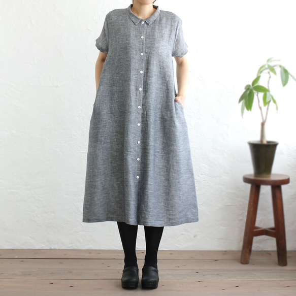 亞麻2way短袖襯衫連衣裙（灰色chambray） 第3張的照片
