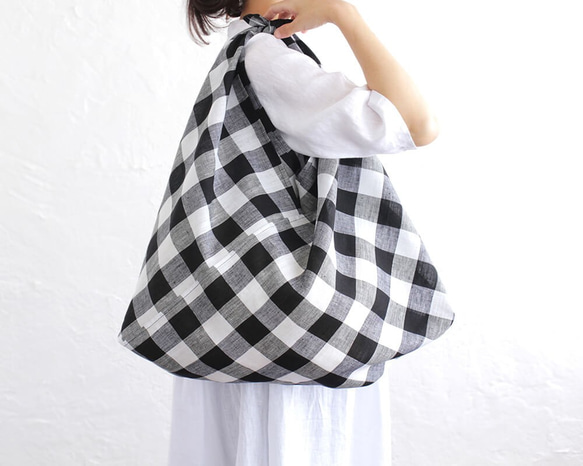 alinのあづま袋 L 64cm  エコバッグに リネンあずま袋  大きいサイズ マチ付（ブロックチェック/ブラック）. 1枚目の画像
